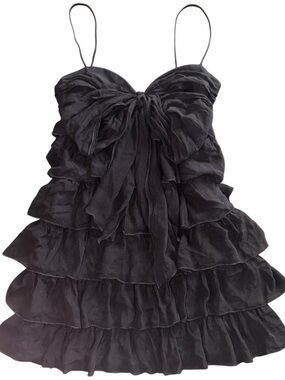 Y2K Vintage Silk Ruffle Babydoll Bow Mini Dress